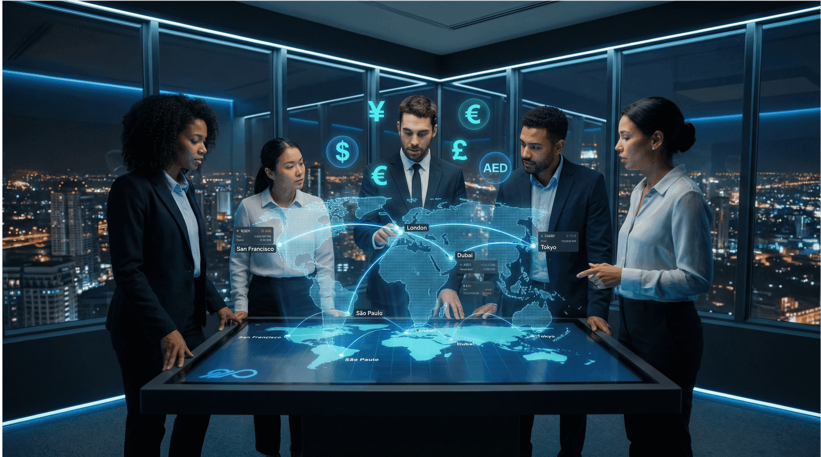 Global finance team collaborating around a holographic world map with multi-currency operations