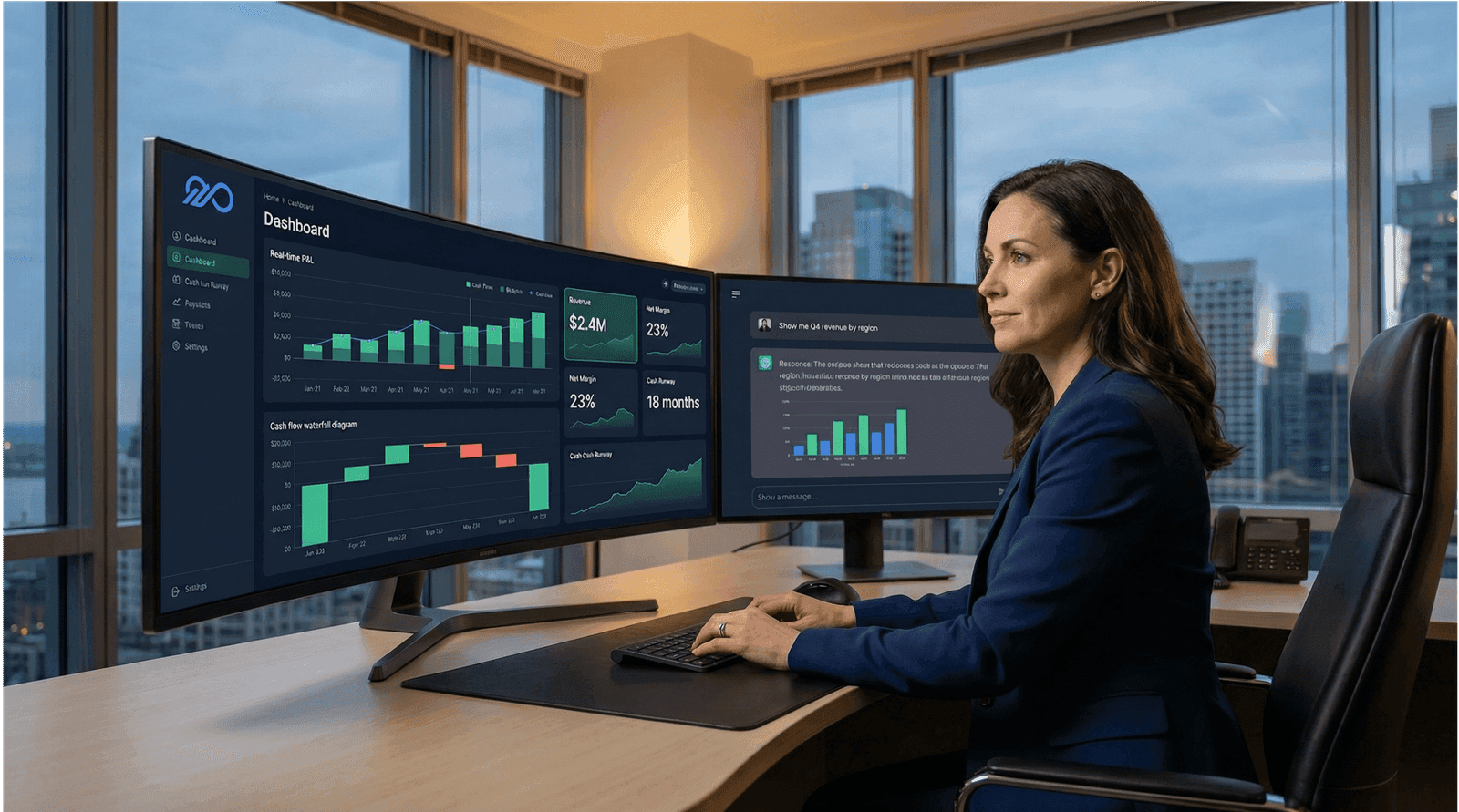 CFO using Algebra Verse dashboard with real-time P&L, cash flow analytics, and AI assistant